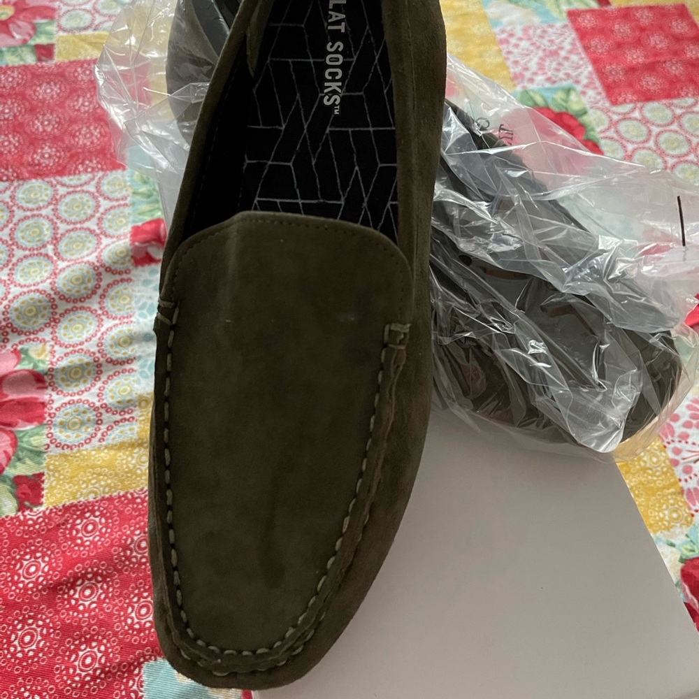 Isaac Mizrahi dark olive green suede loafers.